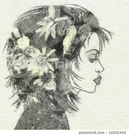 art sketched beautiful girl face in profile with floral hair on 10202408
