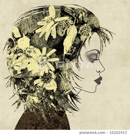 art colorful sketched beautiful girl face in profile with floral 10202413