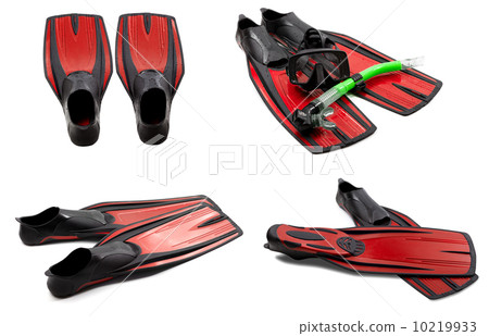 Set of red swim fins, mask, snorkel for diving with water drops 10219933