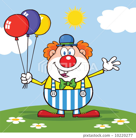 Funny Clown Character With Balloons And Waving On Meadow 10220277