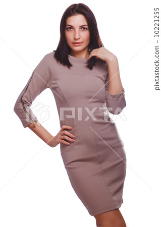 woman thin curly brunette slim girl blue towel after bath shower 10221255