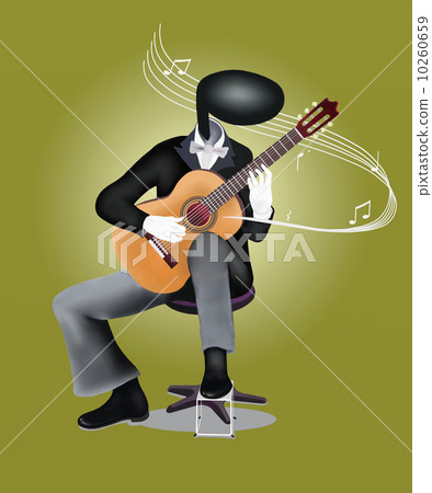 Guitar Man playing Guitar with Musical Notes and Sound Waves 10260659