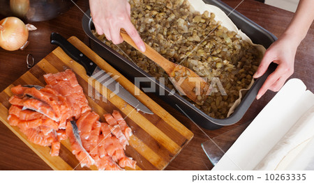 Closeup of making fish pie with salmon and eggplants e Closeup of making fish pie with salmon and eggplants e 10263335