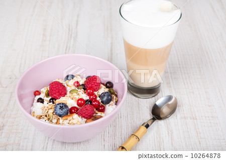 Healthy breakfast with muesli, milk, berries and coffee Healthy breakfast with muesli, milk, berries and coffee 10264878