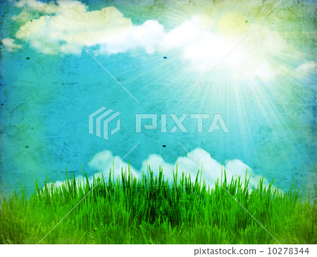 Vintage nature background with green grass and sun 10278344