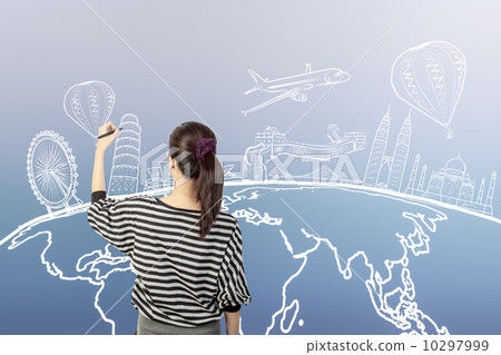 asian woman drawing or writing dream travel around the world 10297999