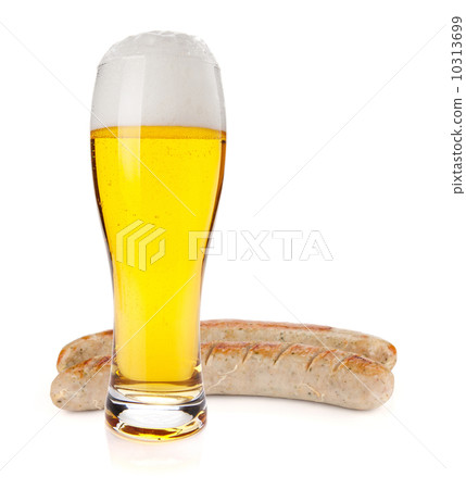 Lager beer glass and two grilled sausages 10313699