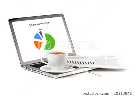 Laptop with chart, cappuchino cup and newspaper 10313948
