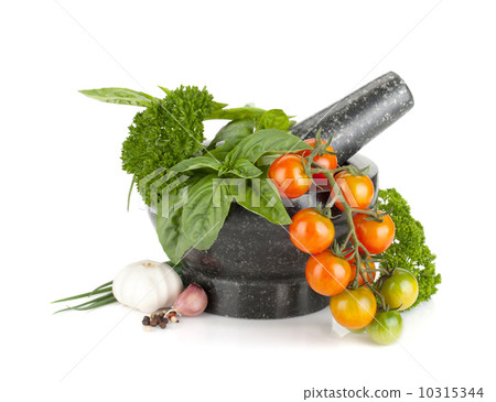 Fresh herbs and spices in mortar Fresh herbs and spices in mortar 10315344