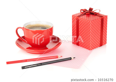 Coffee cup, red gift box and office supplies 10316270