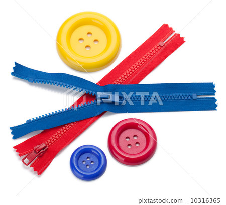 Three colored sewing buttons and two zippers 10316365