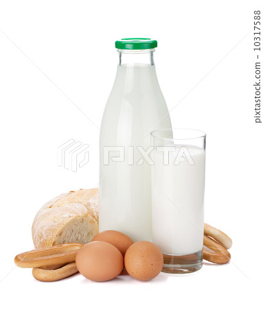 Milk bottle, glass, bread and eggs Milk bottle, glass, bread and eggs 10317588