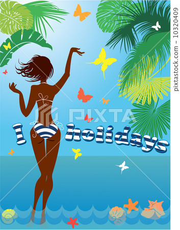 Woman silhouette in bikini swimwear at tropical beach with palm 10320409