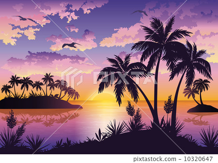 Tropical islands, palms, sky and birds 10320647