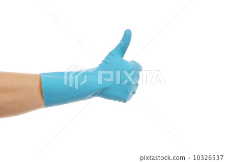 Blue glove for cleaning show thumbs up. Blue glove for cleaning show thumbs up. 10326537