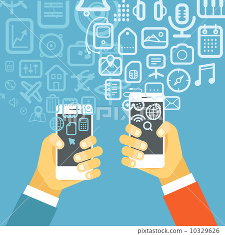 Different techno icons flows into modern smartphones. Design ele 10329626