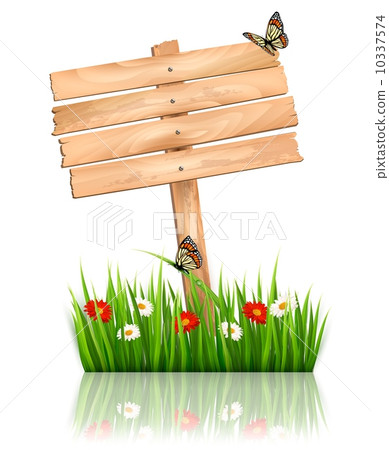 Nature background with green grass and flowers and wooden sign V Nature background with green grass and flowers and wooden sign V 10337574
