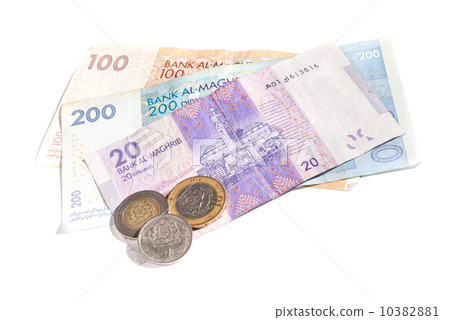 Different colorful banknotes and coins. Moroccan money isolated Different colorful banknotes and coins. Moroccan money isolated 10382881