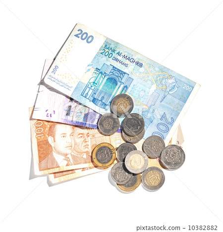 Different banknotes and coins. Moroccan money isolated on white 10382882