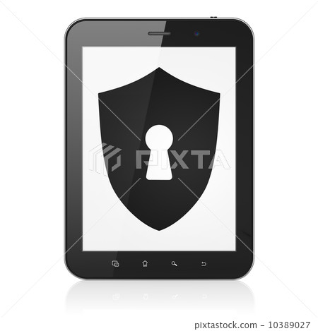Protection concept: Shield With Keyhole on tablet pc computer Protection concept: Shield With Keyhole on tablet pc computer 10389027