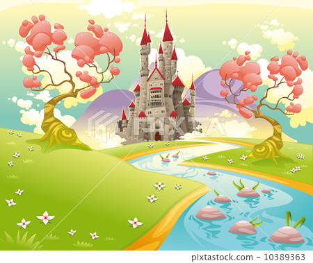 圖庫插圖: mythological landscape with medieval castle.