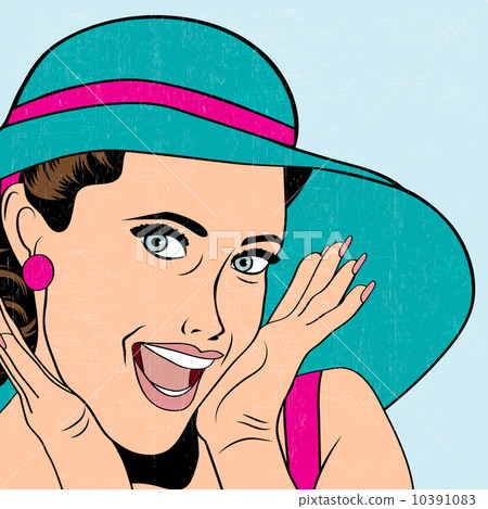 popart retro woman with sun hat in comics style, summer illustra 10391083