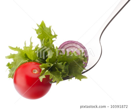 Fresh salad and cherry tomato on fork isolated on white backgrou Fresh salad and cherry tomato on fork isolated on white backgrou 10391872