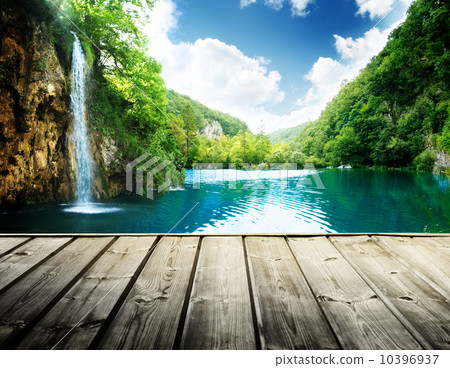 waterfall in deep forest of croatia and wood pier 10396937