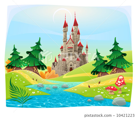 Mythological landscape with medieval castle. Mythological landscape with medieval castle. 10421223