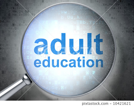 Education concept: optical glass with words Adult Education 10421621