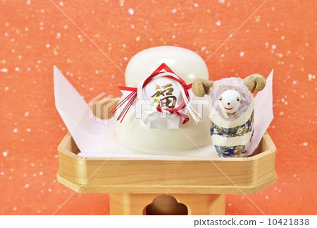 New Year's card 2015 · "One Ram" on Mikao and Kagami-cake · Silver leaf red Japanese paper back lateral position postcard ratio 10421838