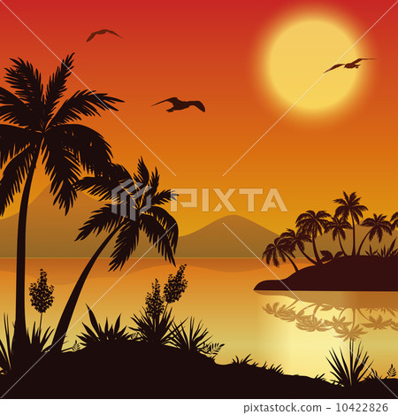 Tropical islands, palms, flowers and birds 10422826