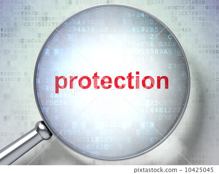 Magnifying optical glass with words protection on digital backgr Magnifying optical glass with words protection on digital backgr 10425045