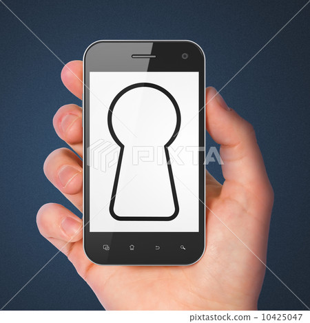 Hand holding smartphone with keyhole on display. Hand holding smartphone with keyhole on display. 10425047