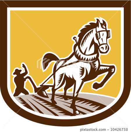 Farmer and Horse Plow Farm Crest Woodcut Retro Farmer and Horse Plow Farm Crest Woodcut Retro 10426738