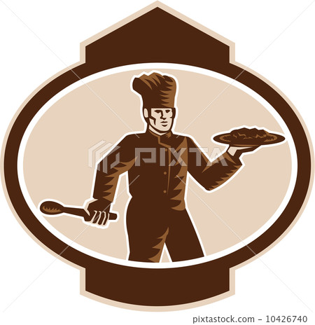 Chef Cook Serving Food Platter Woodcut Retro Chef Cook Serving Food Platter Woodcut Retro 10426740