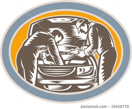 Mechanic Repairing Car Woodcut Retro 10426770
