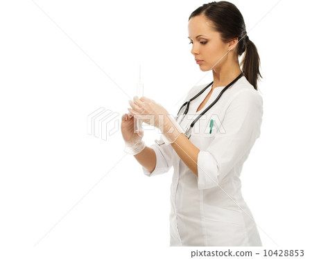 Young positive brunette doctor woman with syringe isolated on white 10428853