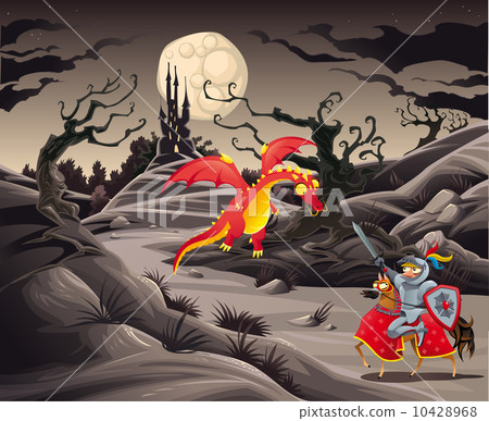 Knight and dragon in a landscape with castle. Knight and dragon in a landscape with castle. 10428968