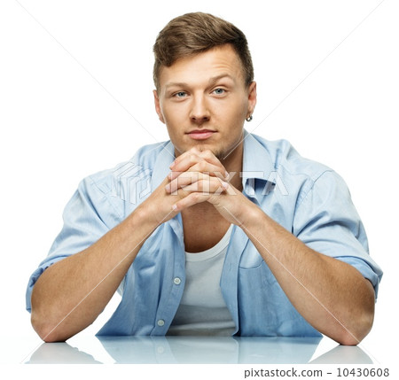 Stylish man in blue shirt with earring isolated on white Stylish man in blue shirt with earring isolated on white 10430608