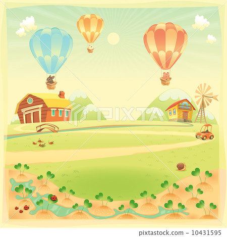 Funny landscape with farm and hot air baloons 10431595