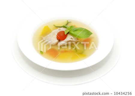 broth with quail on a white background in the restaurant 10434256