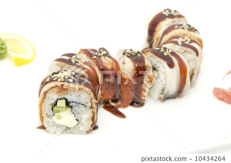 sushi with seafood and vegetables on a white background in the restaurant sushi with seafood and vegetables on a white background in the restaurant 10434264