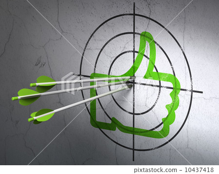 Social network concept: arrows in Thumb Up target on wall background Social network concept: arrows in Thumb Up target on wall background 10437418