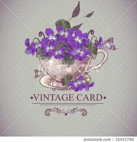 Vintage Floral Background with Violets in a Cup - Stock Illustration ...
