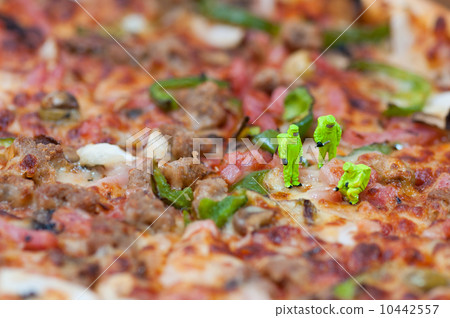 Scientists inspecting giant pizza. Unhealthy food concept 10442557