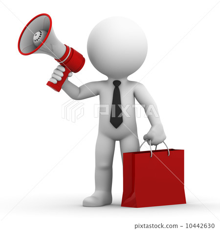 A happy businessman with megaphone and shopping bag A happy businessman with megaphone and shopping bag 10442630