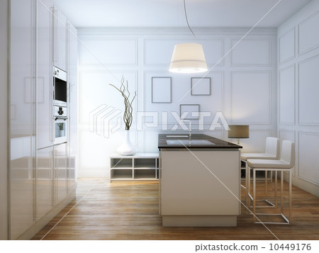 Beige Hi-Tech Kitchen With Bar and lighter Beige Hi-Tech Kitchen With Bar and lighter 10449176