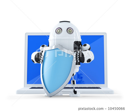 Robot with shielad and laptop. Robot with shielad and laptop. 10450066
