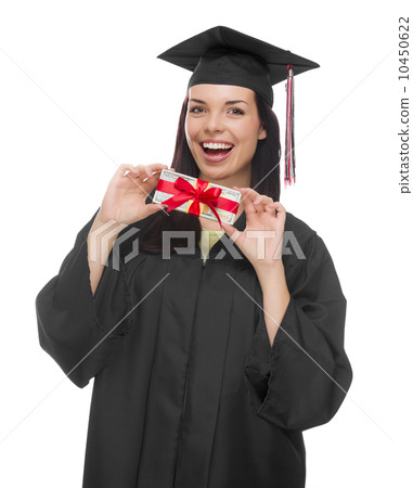 Female Graduate Holding Stack of Gift Wrapped Hundred Dollar Bil Female Graduate Holding Stack of Gift Wrapped Hundred Dollar Bil 10450622